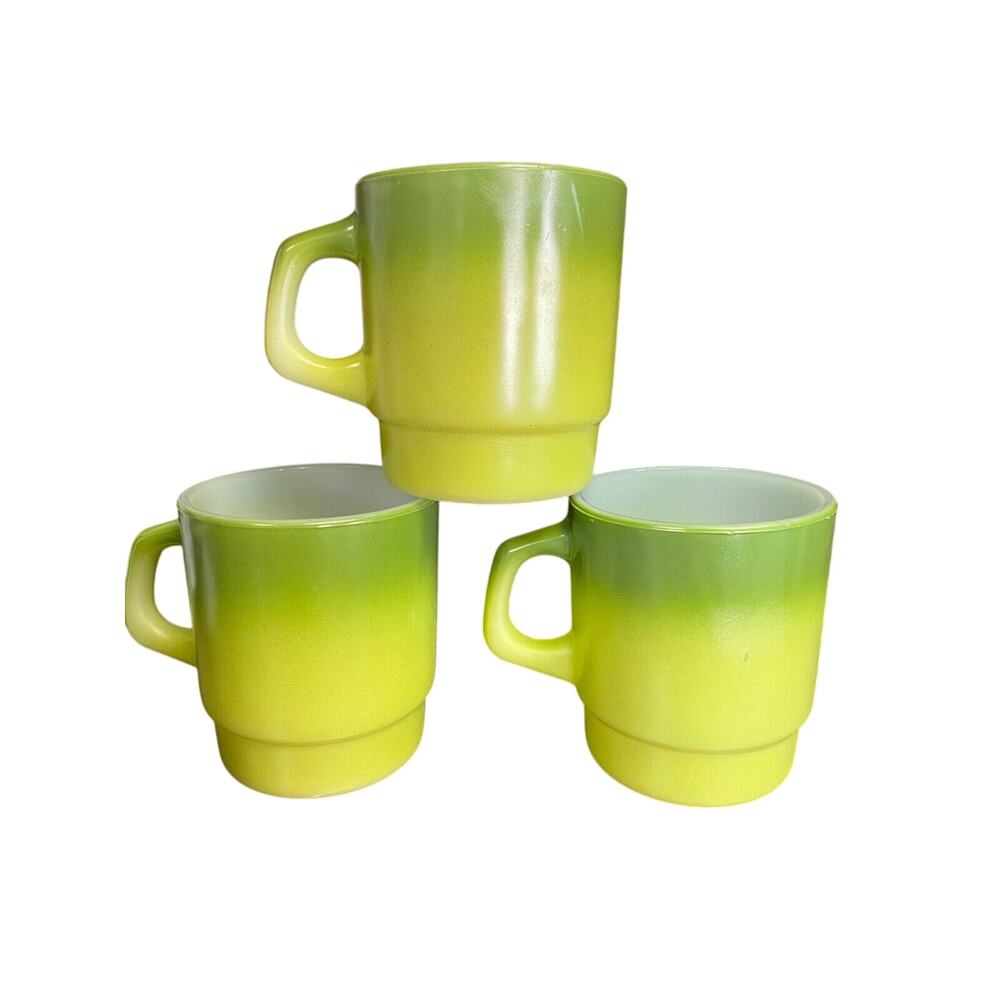 Anchor Hocking Fire King Stackable Mugs Green Yellow Ombre Compass Nautical 3 - Picture 3 of 4